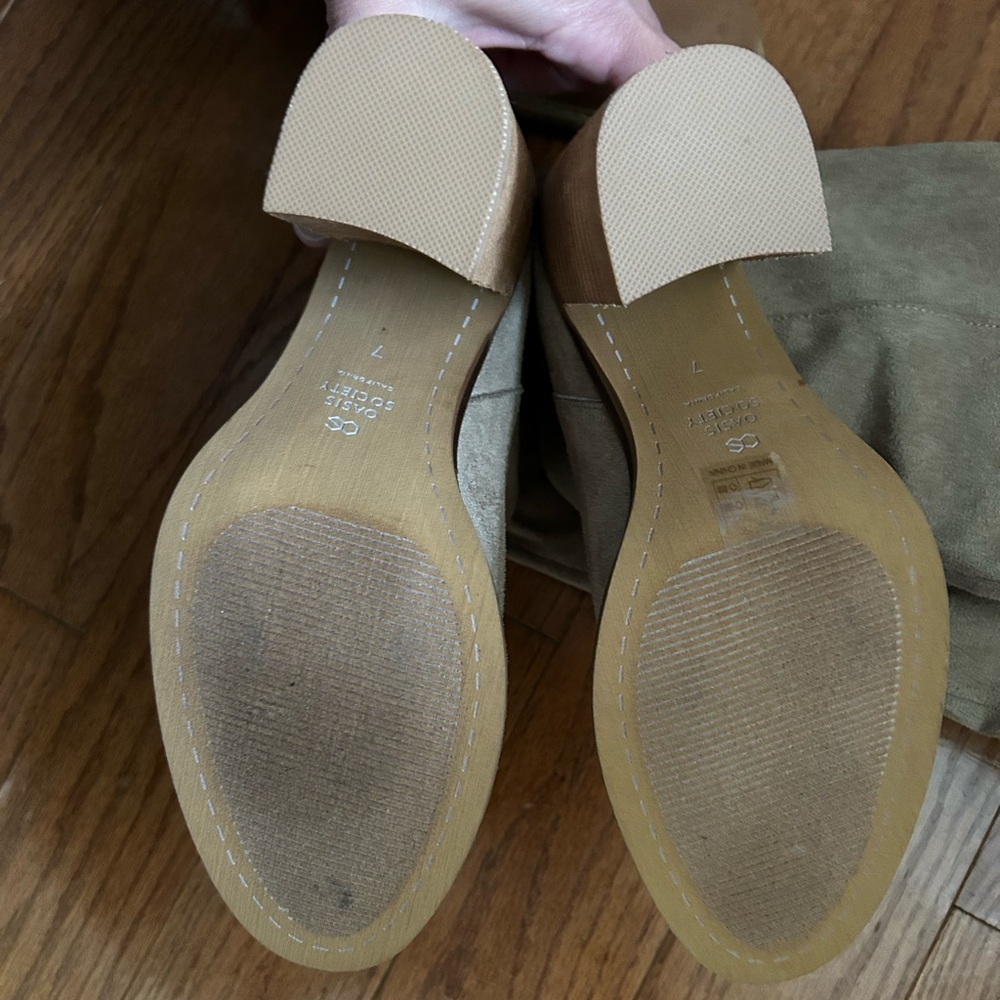 Oasis Society Brown/Beige Faux Suede 4” Tall Heeled Knee High Boots Size 7 Women - Picture 11 of 12